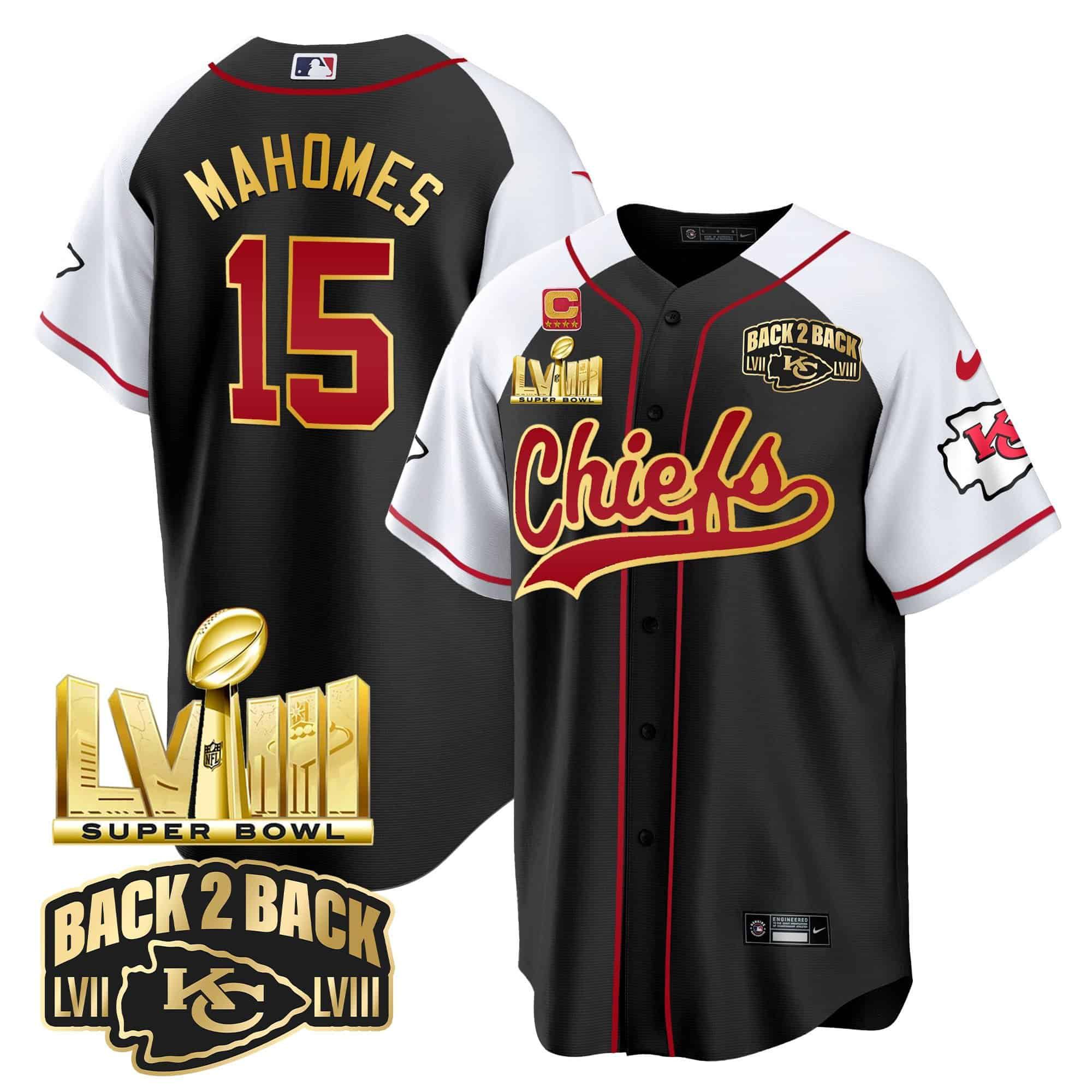 Men Kansas City Chiefs #15 Mahomes Black 2024 Nike Super Bowl LVIII Back-2-Back Gold Patch Baseball NFL Jersey style 1->indianapolis colts->NFL Jersey